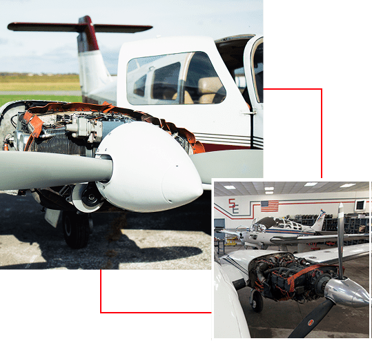 Small aircraft undergoing engine maintenance on a sunny day.